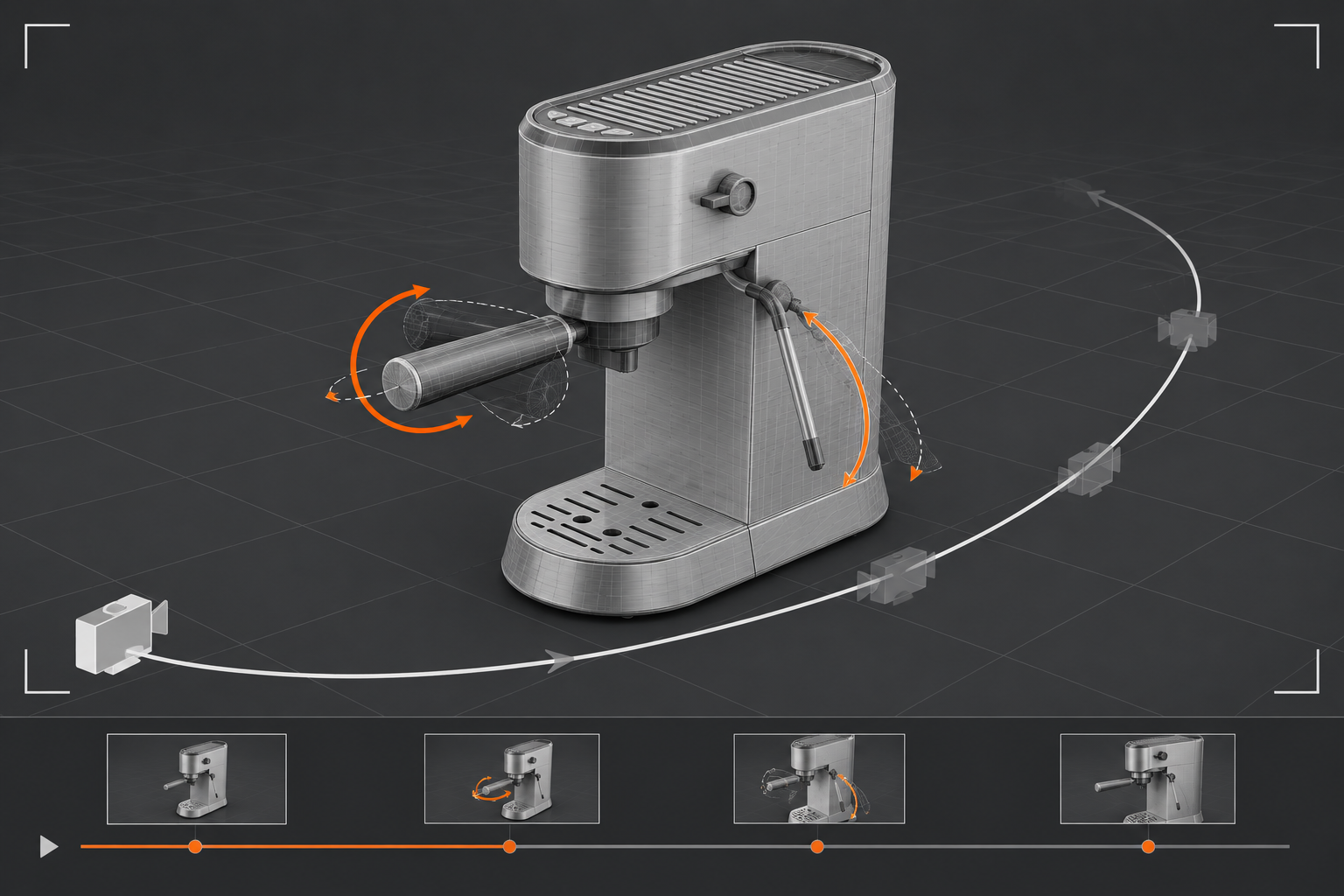 Grey animatic frame with the planned camera path around a product
